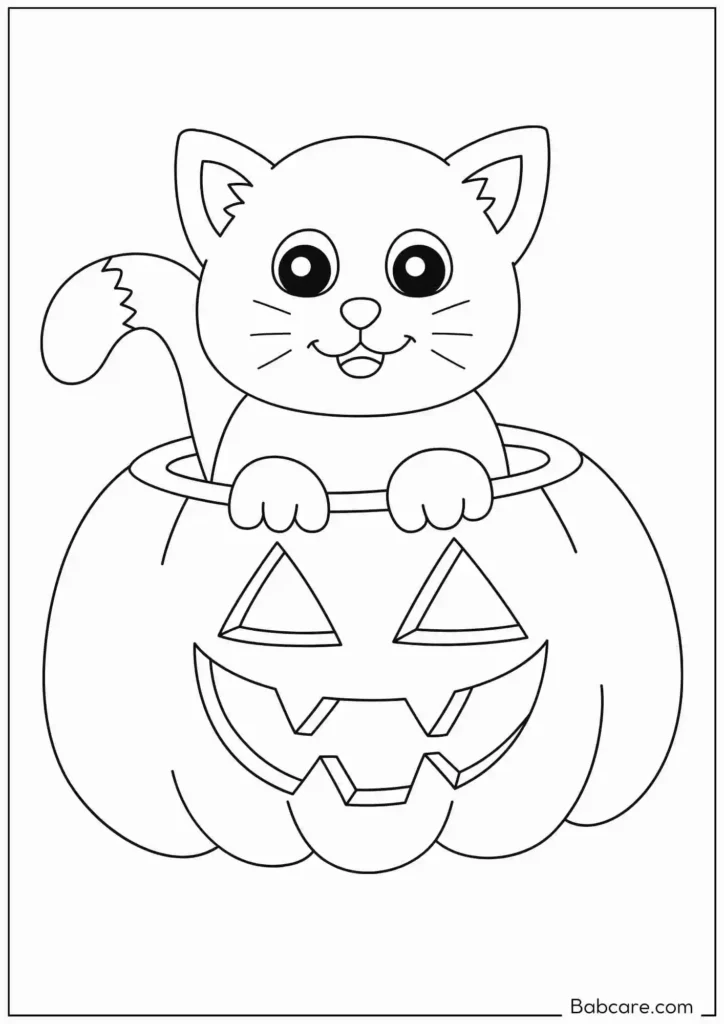 Kitten Inside Halloween pumpkin Coloring In For Preschoolers