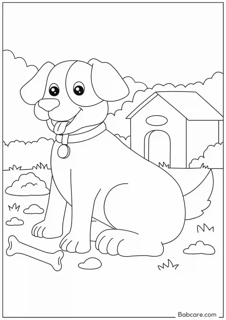 Puppy In Front Of Dog House Coloring Sheet