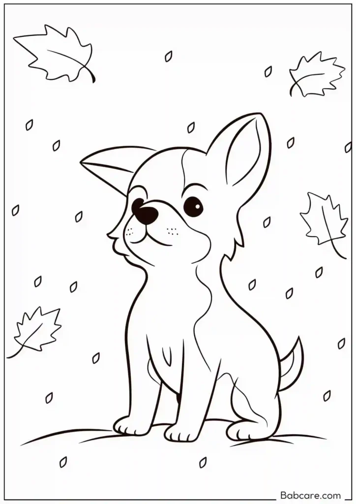 Cute dog playing with leaves coloring page