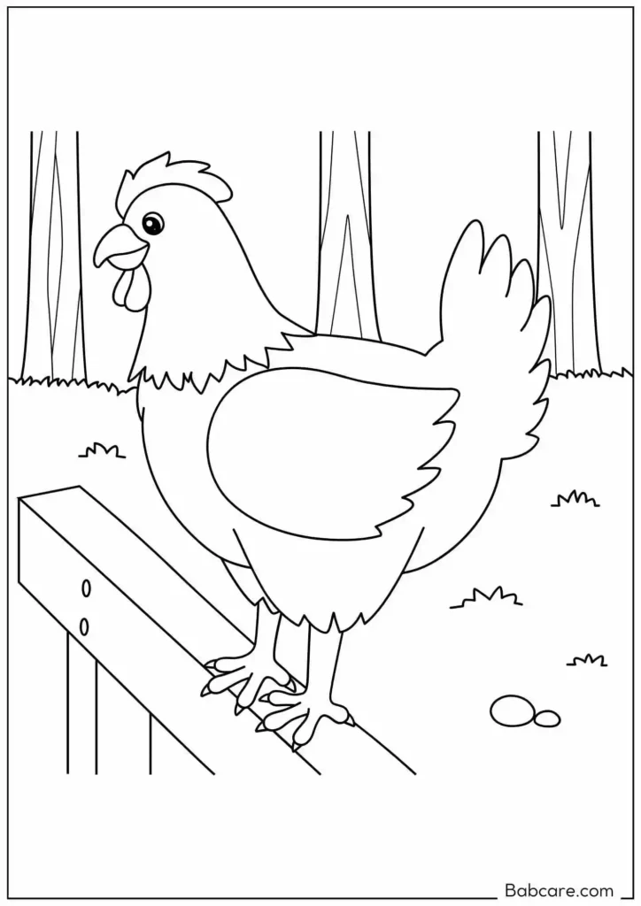 Chicken Standing On The Wood Coloring Page for Kids