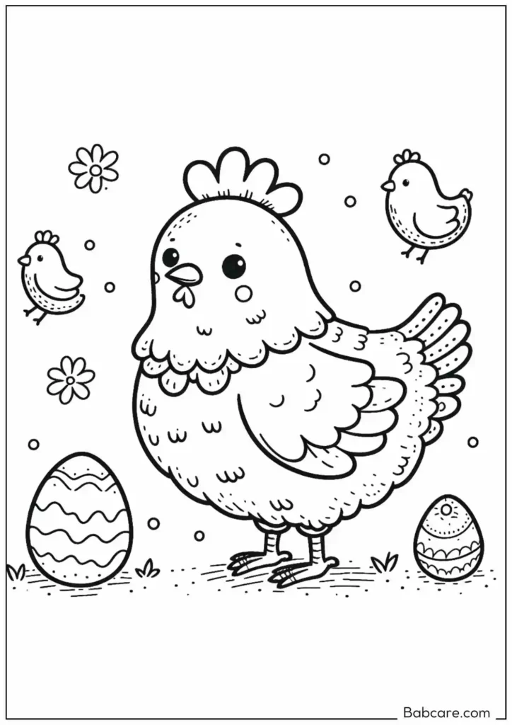 Easter Theme Chicken And Chicks Coloring Page