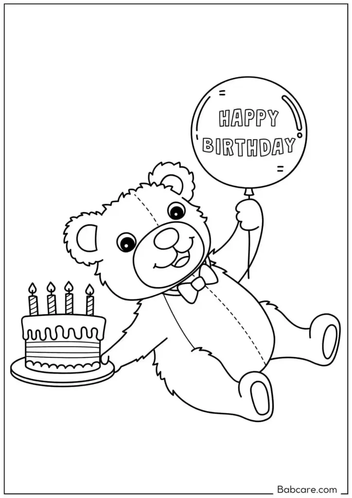 Teddy Bear Holding Birthday Balloon and Cake